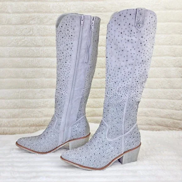 Wild Ones Glamour Cowboy Rhinestone Cowgirl Boots Tuck Zipper Plus Silver Gray - Picture 3 of 13